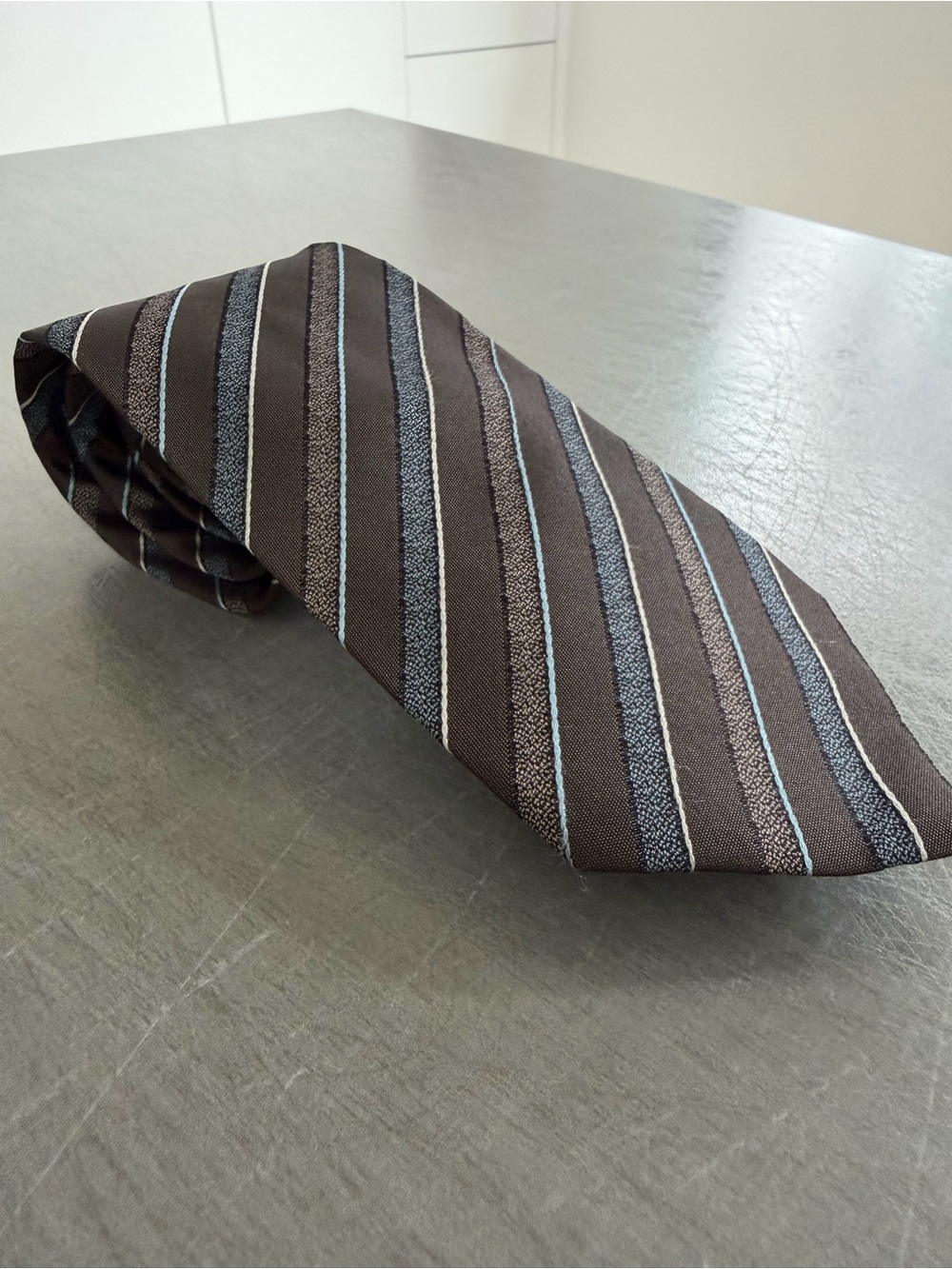 Lanvin Brown Tie with Light Blue and Lighter Brown Stripes